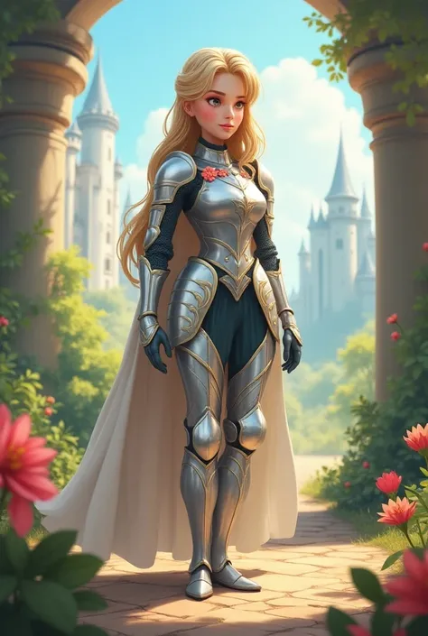 Cartoon knight pretty girl in silver armor 
