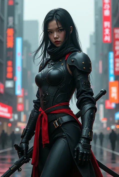 korean woman as an assassin in a cyberpunk futuristic world, wearing heavier battle armour, black and grey, with red trim silks draped from the waist. face uncovered. electric sword. unhooded.