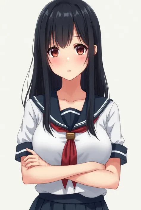 Anime masterpiece, best quality, 1girl, (breasts:1.1) sagging breasts, black hair, hemi cut hair, arms folded under chest, glasses, looking down, shy, nervous, wearing Japanese school uniform, 18 year old young beauty, woman