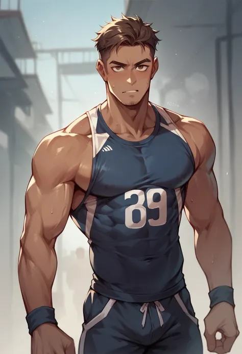 I want a realistic image of a dark-colored man with straight hair, fine sportswear, brown eyes