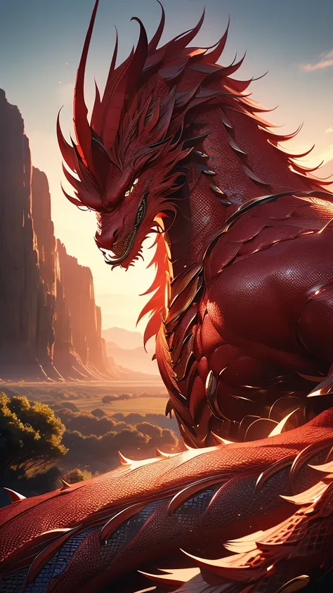 A cinematic photorealistic shot of a man and a colossal-size red dragon with intricate shimmering shining scales.the man is having conversations with the dragon while they at the flat plain green field. The background contains more mountains and trees. The...