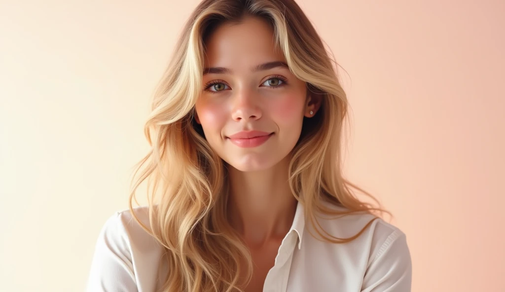 Create a digital portrait of a young woman with flowing blonde hair, styled in loose waves. She has bright, expressive eyes and is wearing a soft smile. She is dressed in a casual, modern outfit, and the background is a soft pastel color that complements h...