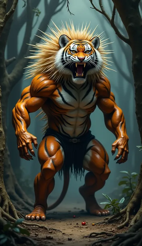 "Create a hybrid creature that combines features of a porcupine and a tiger, with a powerful, bodybuilder-like physique and an intensely dangerous appearance. This monstrous entity has a muscular build, with a tiger’s strong limbs, broad shoulders, and vis...