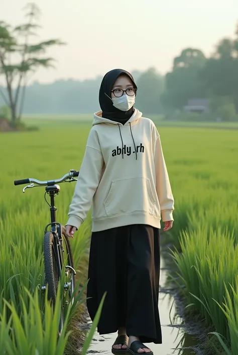 beautiful woman、 dark black color hijab , Indonesia、Her face is cute  、 Vanrak Ayyans performs  、1 girl, Fashion stylish Hoodie,cream tua, and there is the writing of Abduy.Rh  ,  in the form of 3d sable ,  on the front of her Sweater and short collar swea...