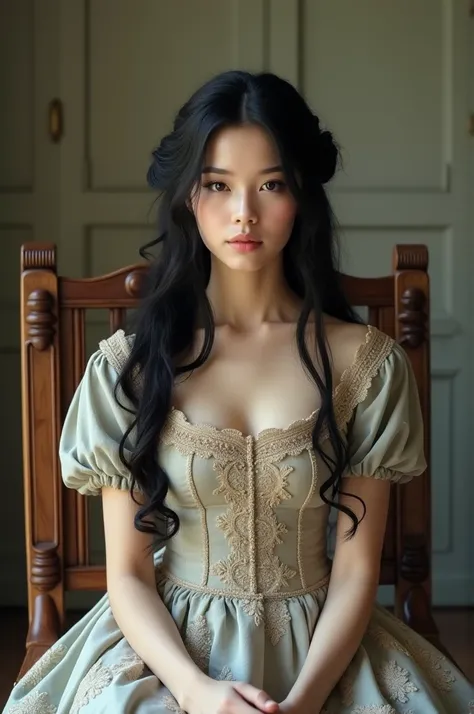 Front shot of black-haired girl wearing 1850 dress sitting on a wooden chair