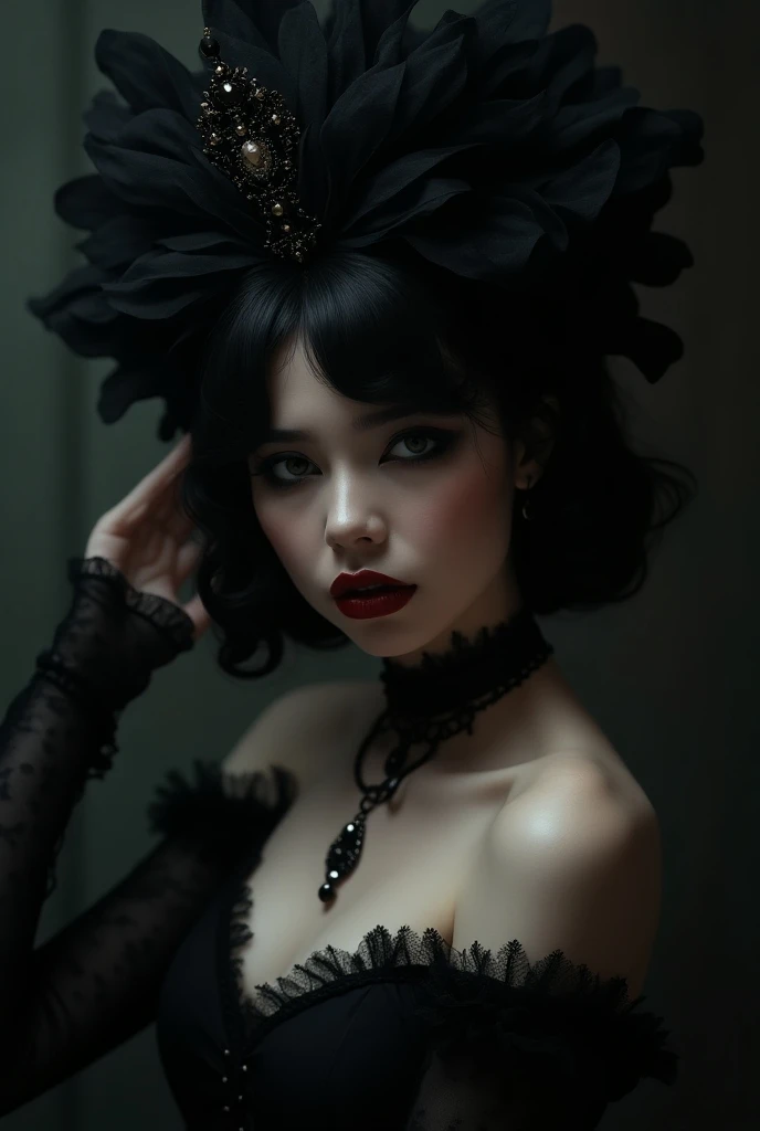 a beautiful goth girl, dark glossy makeup, piercing gaze, heavy black eyeliner, dark vampy lips, ornate gothic headdress, choker necklace, sheer black lace dress, dark moody lighting, dramatic chiaroscuro, dark mysterious atmosphere, dramatic lighting, cin...