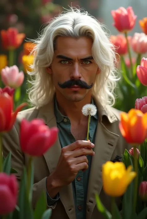 20-year-old man with long white hair with black French mustache in a flower shop full of tulips and roses and the man holding a dandelion