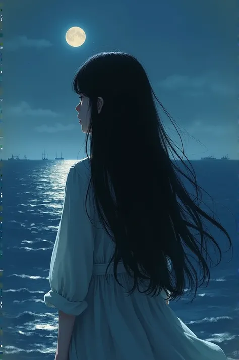  Korean girl Long Wave Black Moris back view , Background with a view of the night sea .  In the evening, draw it like a real, emotional picture.