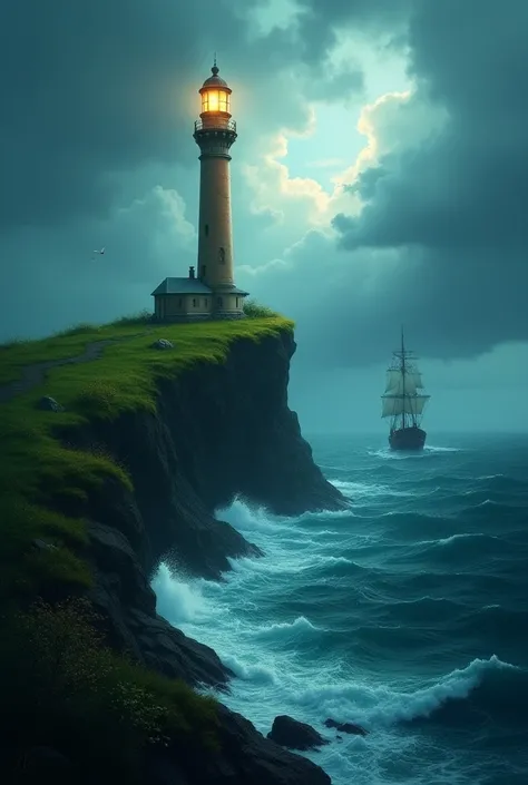 design me a picture in which there is a lighthouse shining light for the ship. divide me into two areas, the area next to the lighthouse is a bright green world, and the area next to the ship is a dark and stormy image