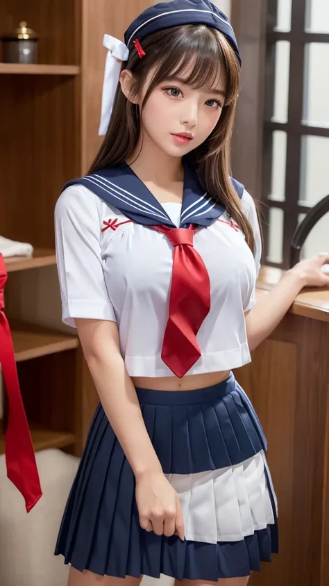 Realistic, photoRealistic, photo-Realistic:1.37, Best Quality, 4K, 8k,  Hi-Res, masterpiece:1.2, Super detailed, Realistic anatomy, Beautiful woman, Sexy Sculpture Idol ,  medium, positive,  Little Smiles ,  high school girl, (red ribbon tie uniform withou...