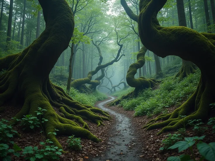 A disorienting view of a forest trail that appears to split and twist in impossible ways, as though the path itself is alive and shifting. The surrounding trees are warped and contorted, their roots tangled and their bark covered in moss. The atmosphere is...