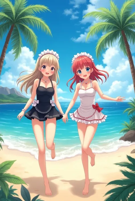      Anime Beautiful Girl、    elementary school twin sisters、Hawaii　Maid Swimsuit　Full lower body    　 My skin tone is black 　Black Swimsuit