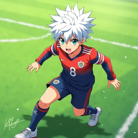 anime boy, soccer uniform, white hair , aquamarine eyes