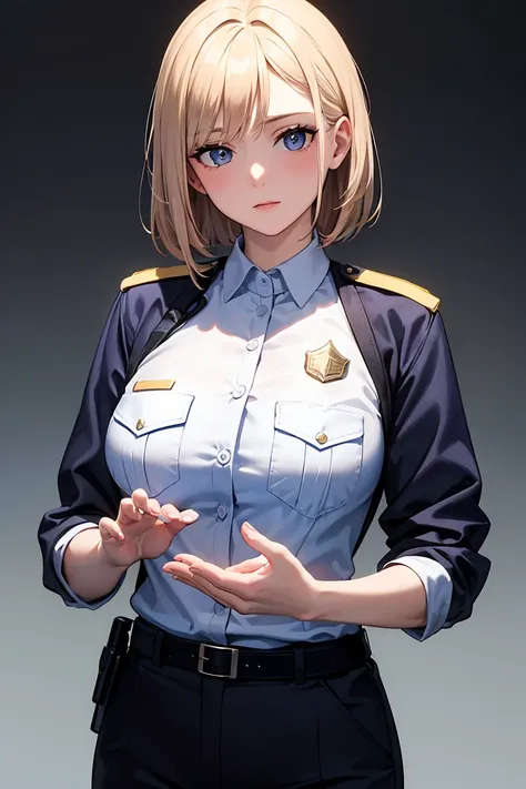 ((masterpiece,  best quality , ultradetailed,  very thin 8KCG wallpapers)), 1 , Alone, partially large breasts, police officer, , police officer costume, beautiful hands, Perfect Hands, new