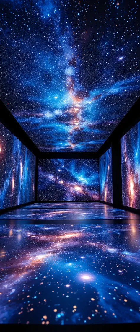 (masterpiece:1.2),(Best Quality),(Super detailed),(  Ultra High Definition),( photorealistic),(  RAW photos from the last century),16k, wallpaper,  a room with walls composed of multiple LED screens, outer space and the Milky Way are drawn on the LED scree...