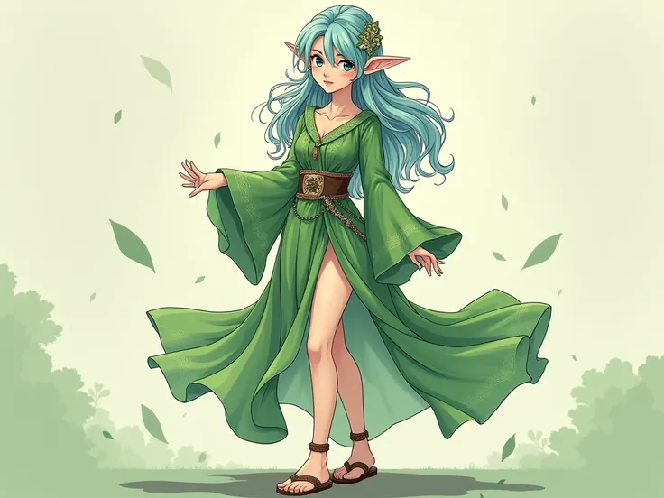 Draw in anime style a female character of elven race, with bluish-green hair, attire made of fine, lightweight fabrics that gracefully flow around her body. The colors are inspired by nature, such as shades of green, with sandals, adorned with intricate de...