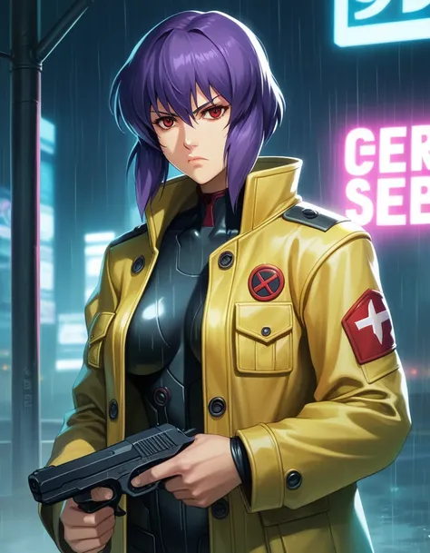  score_9,  score_8,  score_7, sauce_Anime,
evaluation_safe,
 1 girl, Alone,
Motoko Kusanagi,  Ghost in the Shell, Purple Hair, red eyes, uniform, The yellow coat ,
Pistol, Serious,  Knight , rain,  neon light,  Cyberpunk 　Engaged to enemy、