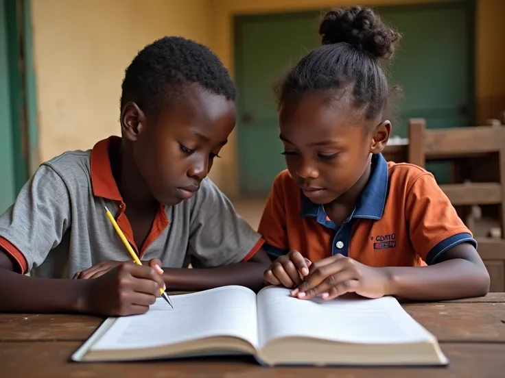   create an image in a village where a 15-year-old boy is helping two to give him an explanation,  In the notebook a way to show communities where men support education
Of the girls , as in parts of Cabo Delgado ,  families observed that
Girls bring back k...