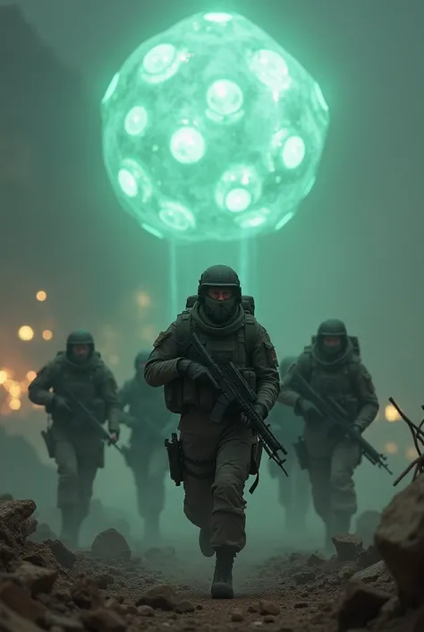 A group of soldiers fleeing from 8 small orbs of light
