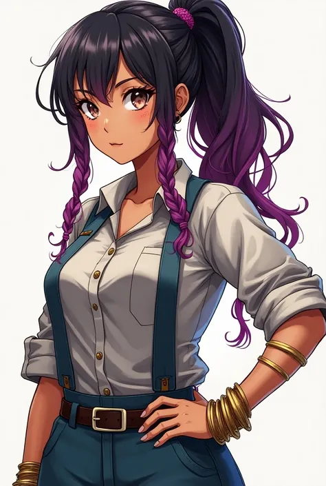  make an image in the manga style of my Oc do Mango Gachio Akuta with these descriptions:
 A woman with light brown skin ;  hair tied in black braids that goes in black  (Cor Natural)  for lilac ; oblique eyes and hazelnut color;  her clothes belong to a m...