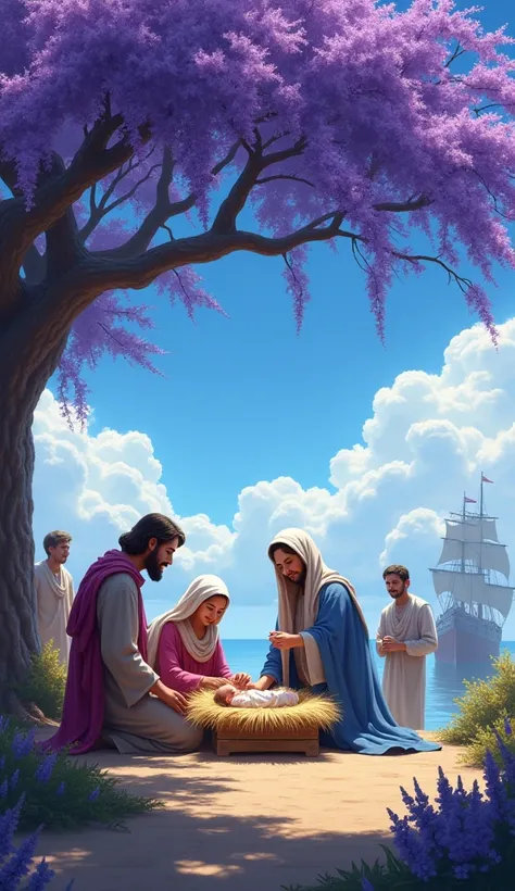 Baby Jesus with family, in Stall, under jacaranda tree,Blue sky, boost  flower, few people meet Baby jesus, near the ship 