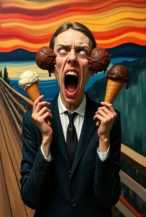 Make the painting of the scream with chocolate ice cream in his ears that the ice cream is in his hands