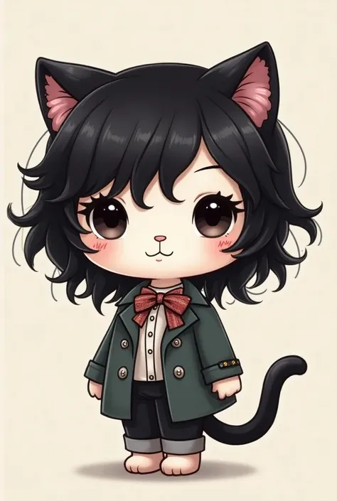 Draw a Hello Kitty cat with brittle, semi-wavy black hair with clothes and that is very pretty