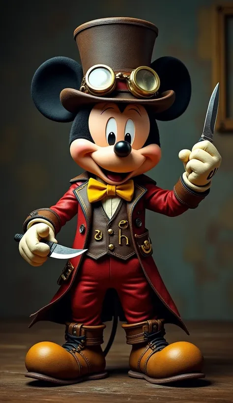 a Mickey mouse with anthropomorphic features, dressed in steampunk attire. should have a confident and slightly mischievous expression, wearing a top hat adorned with goggles. The outfit includes a red black yellow leather jacket with intricate detailing a...