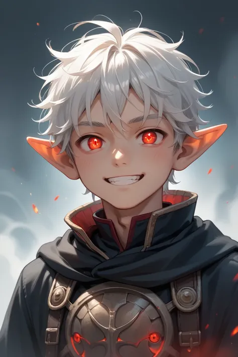  "Draw a young boy with unique and supernatural features. He has white, slightly messy hair, glowing red eyes that give off a mysterious vibe, and pointed elf-like ears. His expression is a mix of innocence and intrigue, with a subtle, enigmatic smile. The...