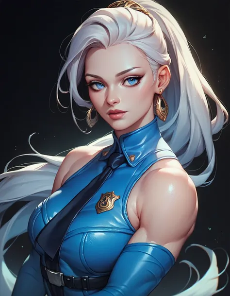 female dark blue sleeveless police bodysuit with bare shoulders and racerback, long gloves, toned arms, beautiful faces, long white colored ponytail with showing forehead, earrings, soft smooth skin, pale skin, black background, blue eyes, sci-fi, high con...