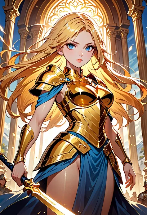 a female warrior, wearing a shimmering golden breastplate and holding a legendary weapon in one hand, standing tall and proud as a symbol of balance and justice, long golden hair flowing beautifully with piercing blue eyes, the battlefield illuminated by t...