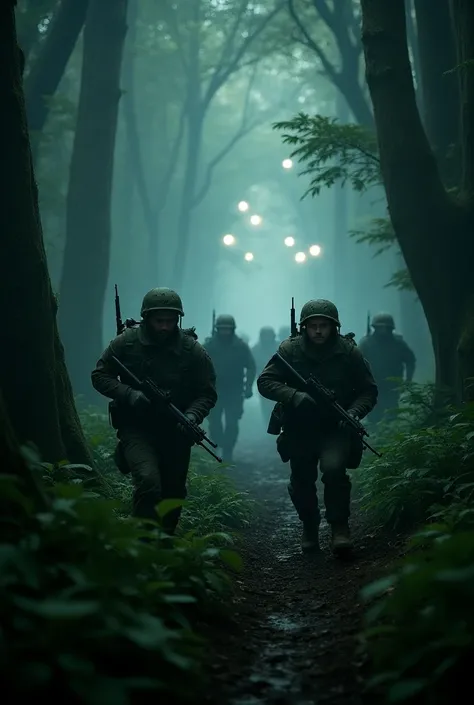 A group of soldiers escaping from eight small light balls in the middle of the forest
