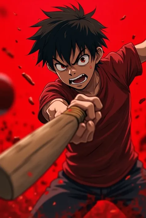 A anime boy batting cricket 
In angry mood with blood background 