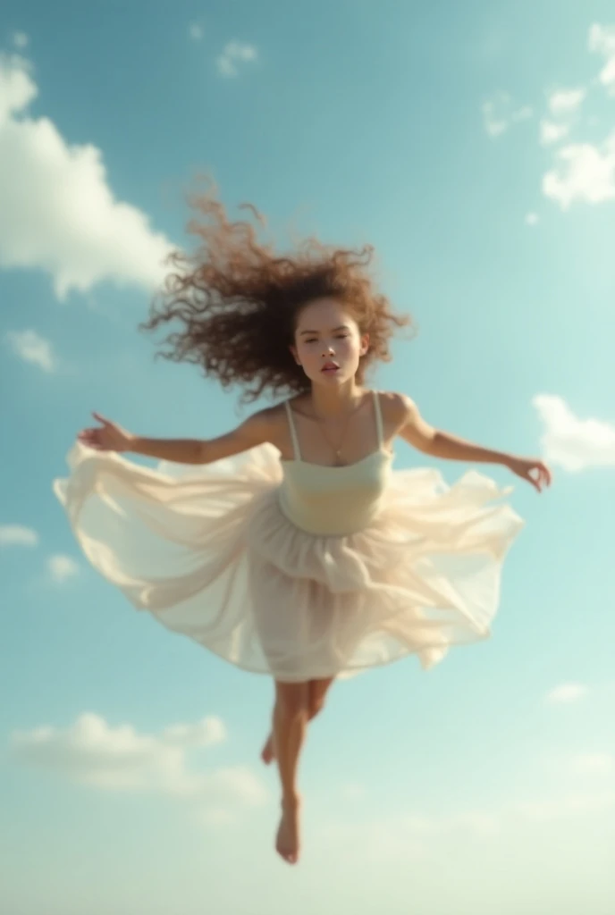 A brunette girl with curly hair and  flying with her legs stretched out, taking a realistic photo