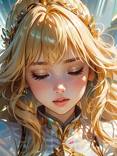 (Best quality), (perfect face), (high detail), (1girl), (closeup), (headshot), On the platform is imprinted and franed in gold shimmering butterful with green crystal glass in the inner shell. A girl ((eyes closed)  floats.  The girl has long blonde c hair...