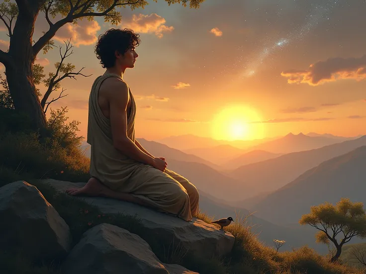 A young Enoch , about 20 years old,  stands on top of a mountain at dawn ,  surrounded by a vast and primitive nature .  He is kneeling on a stone ,  with an expression of devotion and serenity ,  looking at the starry sky that It starts to clear with the ...