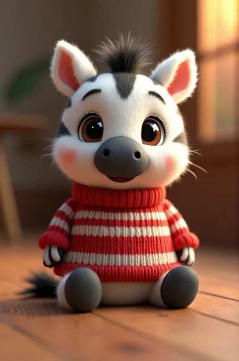 A 3D rendering of a cute, round baby zebra with big eyes and fluffy fur. The baby zebra is wearing a red and white striped sweater and is sitting on a wooden background. The overall image has a warm color palette.