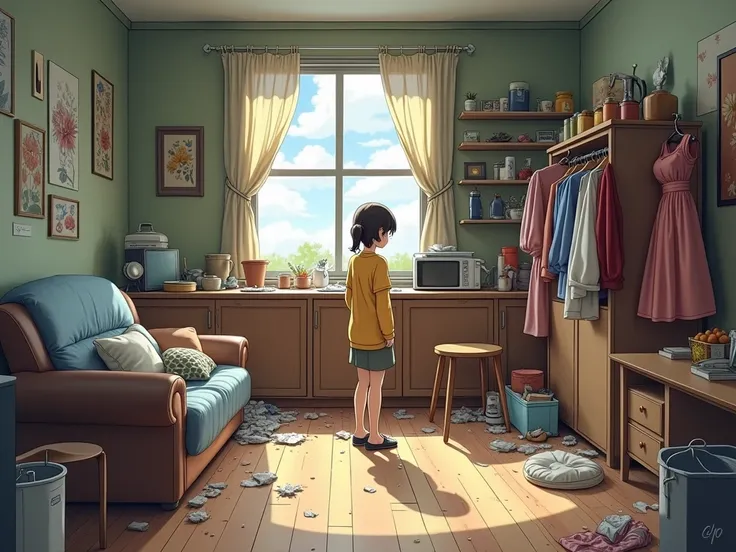 The painting is 2D anime ， home background ，There are a lot of clothes，There is furniture ， and a small amount of debris ， The scene is a bit messy ， There is a mother who is worried about how to handle it