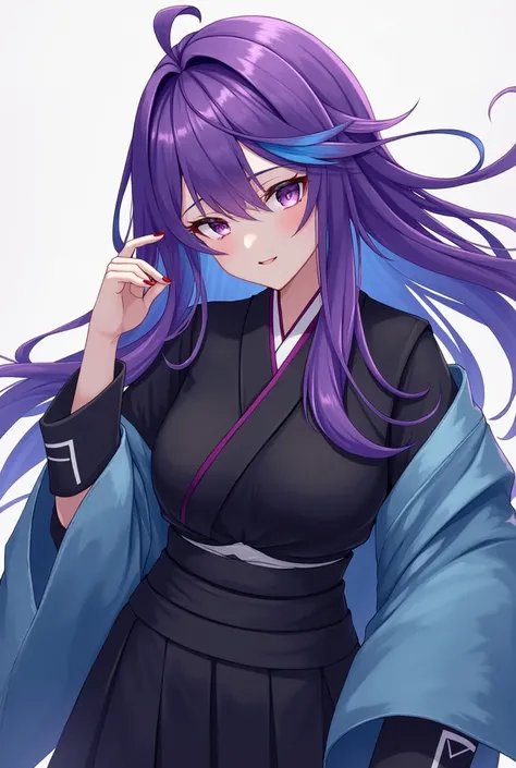 Attractive game girl with purple long hair 、 
Turn a section of the side of the bangs blue.　
 blue highlights on the side of her bangs 　Part of the bangs is blue　　 blue kimono with white triangular pattern on the cuffs　Light blue coat
black hakama and kimo...