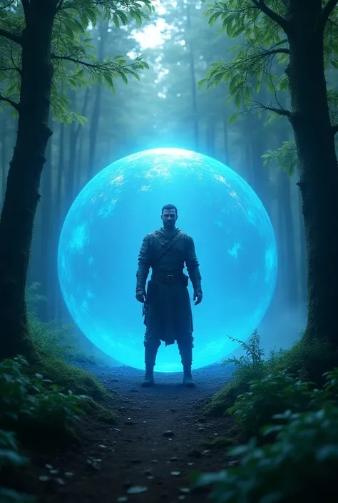 a soldier trapped inside an orb of blue light in the middle of the forest