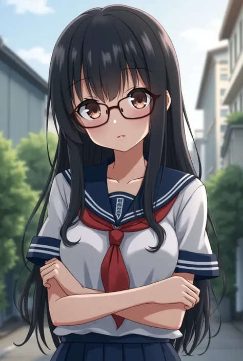 Anime masterpiece, best quality, 1girl, (breasts:1.1)sagging breasts, black hair, hime cut hair, arms folded under chest, glasses, looking down, shy, nervous, wearing Japanese school uniform, 18 year old young beauty, mature but cute looking.