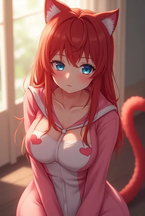 Chica anime, good body, Long-haired redhead ,  blue eyes  , dressed in a kitten costume, sexy, Small breasts,tender