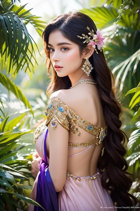 An ethereal Indian princess with an otherworldly beauty that is both captivating and enigmatic. Her features are delicately alien, with large, mesmerizing eyes that seem to glow with an inner light. The iridescent skin shimmers in hues of sapphire and amet...