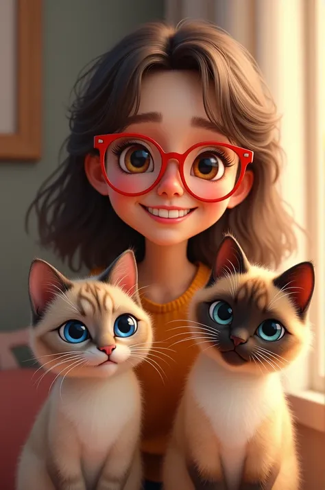 White woman medium brown hair glasses red glasses brown eyes Pixar Disney style with two brown Siamese cats with. blue eyes 8k