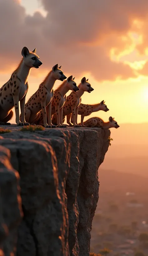 
**0:09-0:11:** A group of spotted hyenas, seven to eight in total, are perched on the cliff edge, looking downwards. They appear alert and somewhat mischievous. The background is the same cliff and cloud layer as before. The sun is setting, casting a warm...