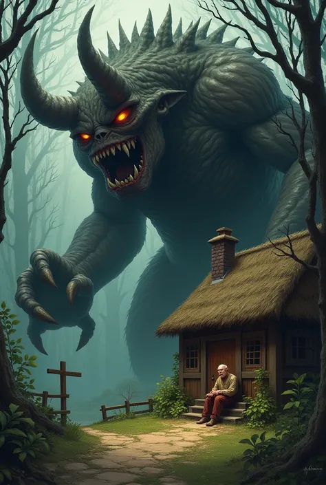 Can you make an illustration about a big terrible monster begging for the blind old man in the cottage