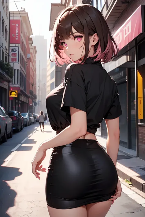 (( 1 girl)),  latest trend clothes ,  back view , Beautiful buttocks ,  stick your buttocks out, skirt,  street fashion,View from the feet,((Super detailed,Best Quality,  Hi-Res, 8k wallpaper, Beautiful clothes,)),(( dark brown hair ,  short hair, straight...