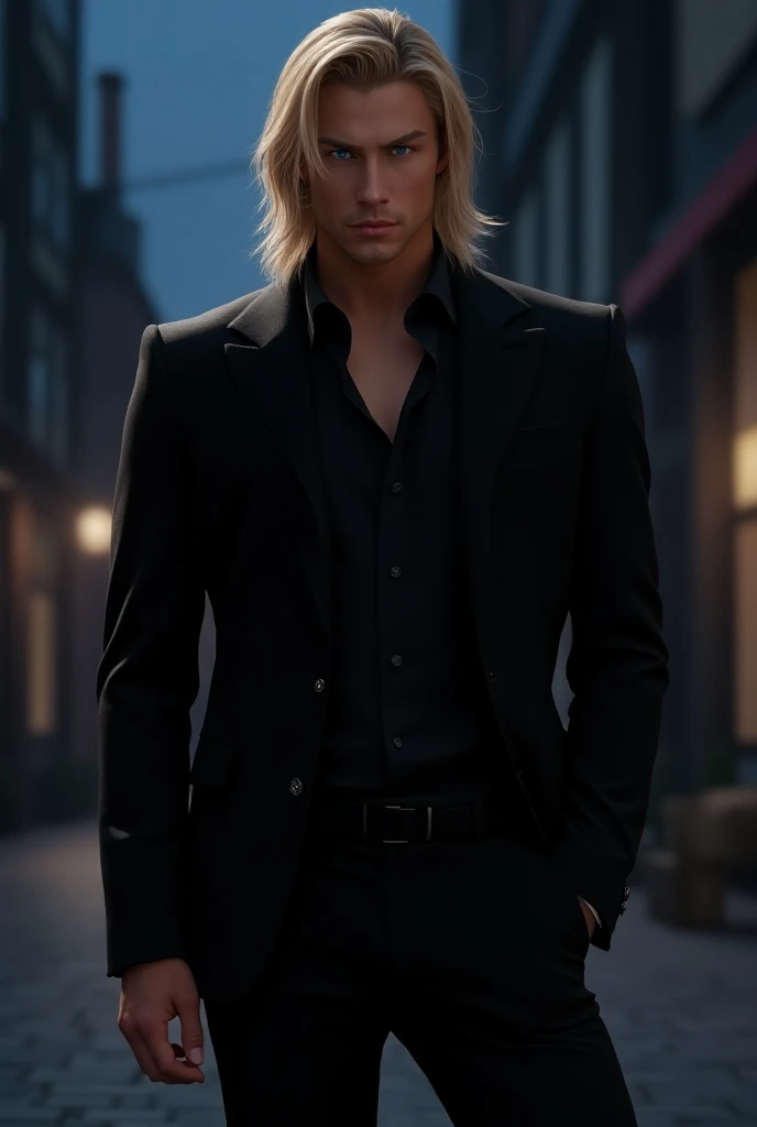 Sexy man blue eyes long blond hair black suit black pants at night 