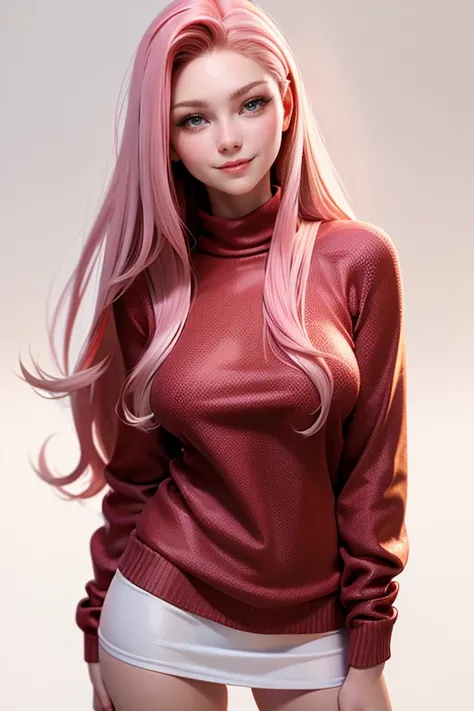 Young 19-year-old woman , long pink hair,  brown eyes , red sweater,  sexy white miniskirt ,  shiny lips,  smiling with seduction,  natural lighting ,  ultra resolution ,  plain white background , without patterns, No textures.