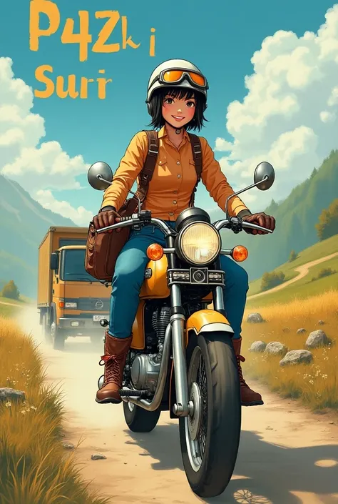 (( best quality)),smileで黒髪ショートカットの美しく可愛い日本人女性,  helmet 、goggles、gloves、jeans、 boots、Riding a loaded Super Cub.。( with capital letters of the alphabet above the head Lets go you want to go. truck with HIKKOSHI )、 Countryside、 Hi-Res,smile, far and near meth...